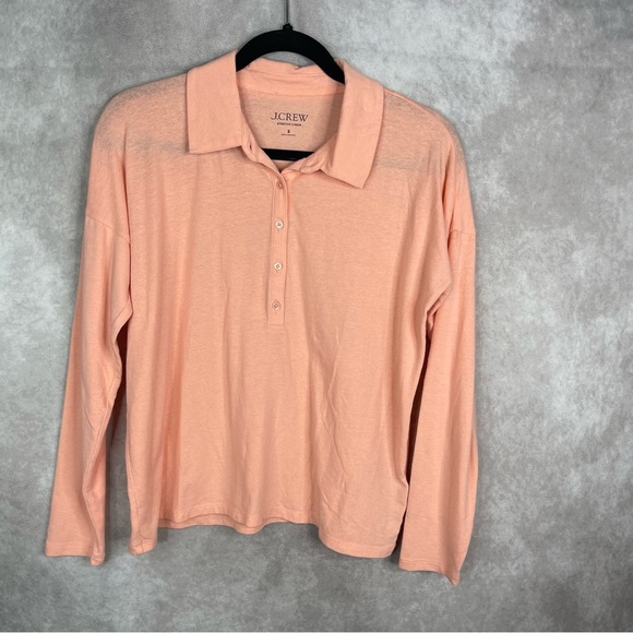 J.Crew Relaxed Long-Sleeve Stretch Linen-Blend Polo Shirt In Pink Size S - Picture 1 of 4